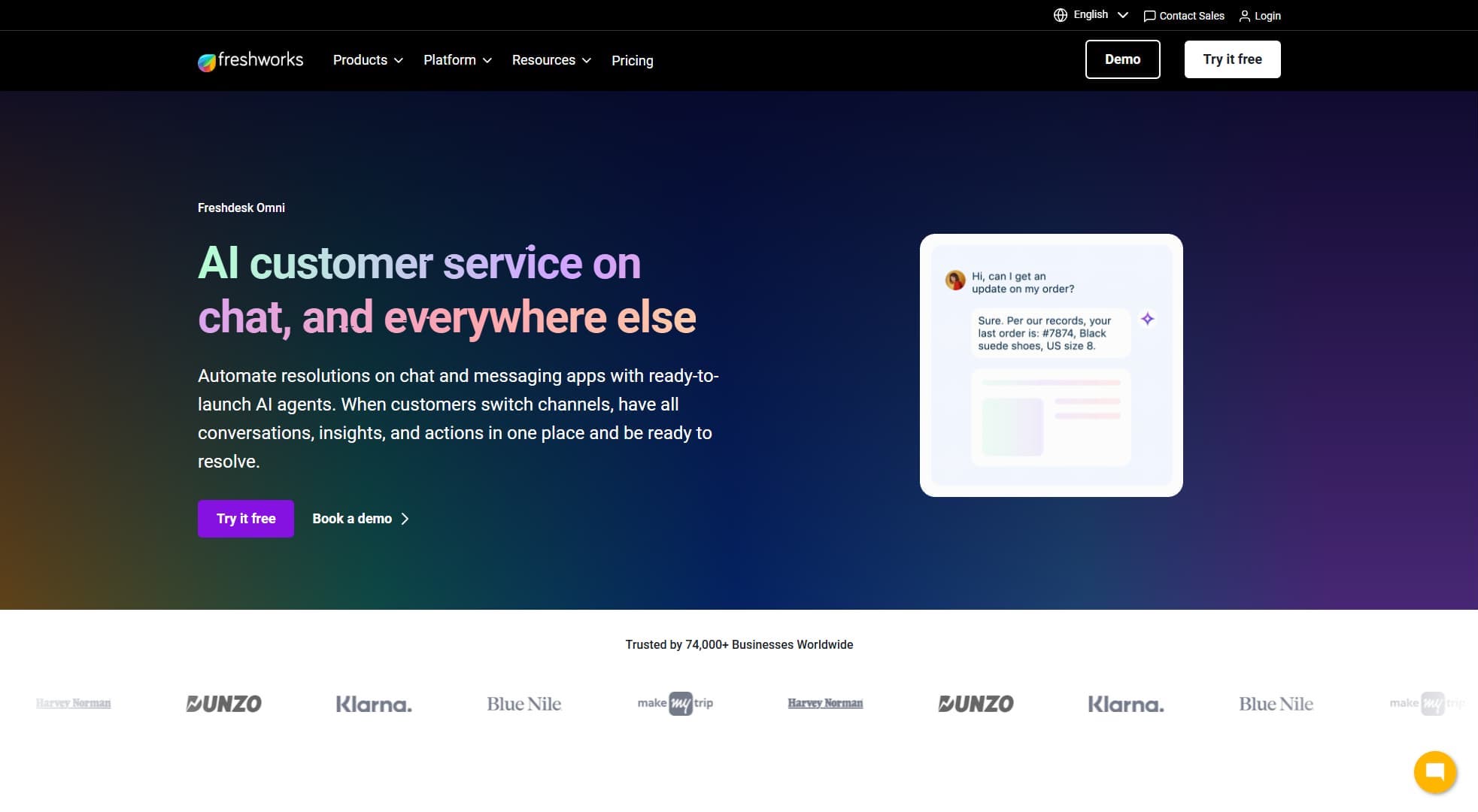 Manychat alternative Freshchat's website.