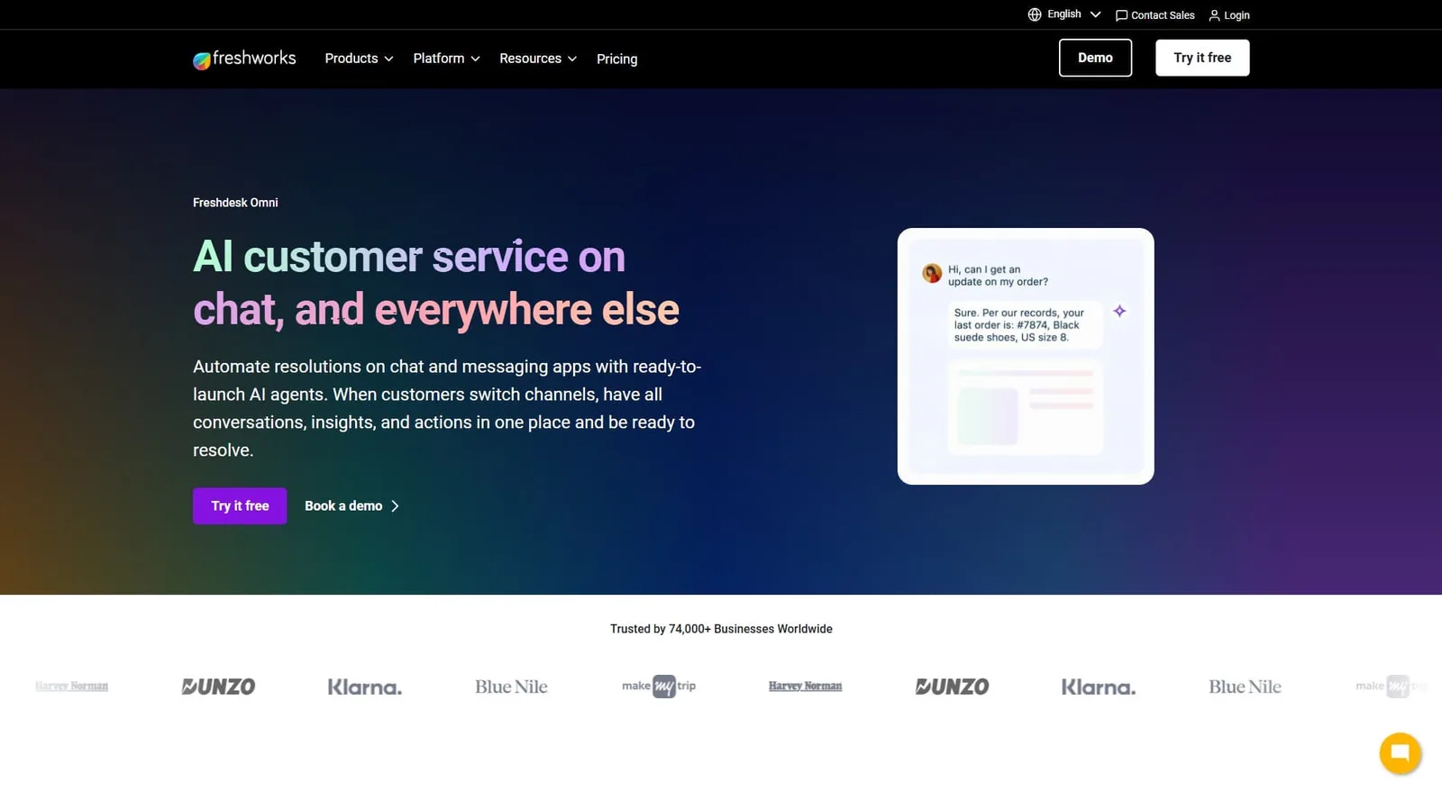 Manychat alternative Freshchat's website.