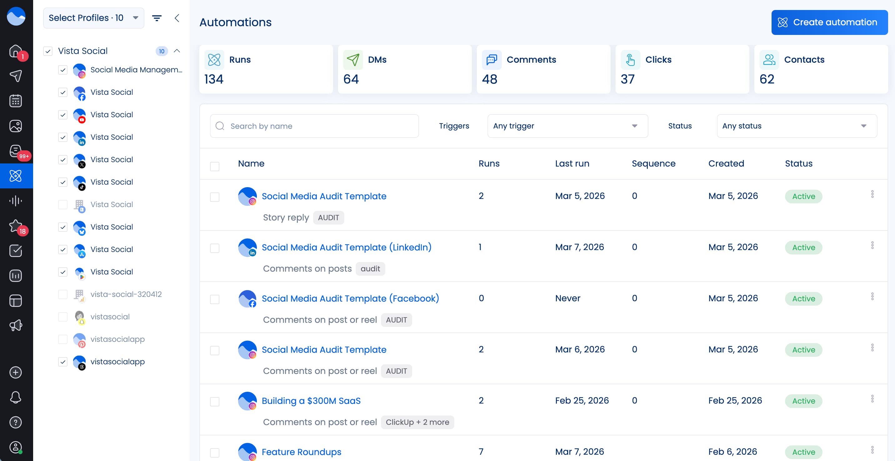 The Vista Social Automations dashboard.