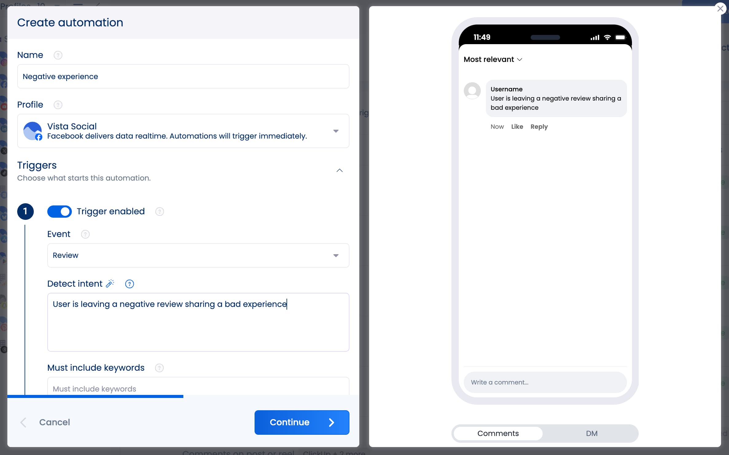 An automation in Vista Social that's set to trigger by a negative review left on Facebook.