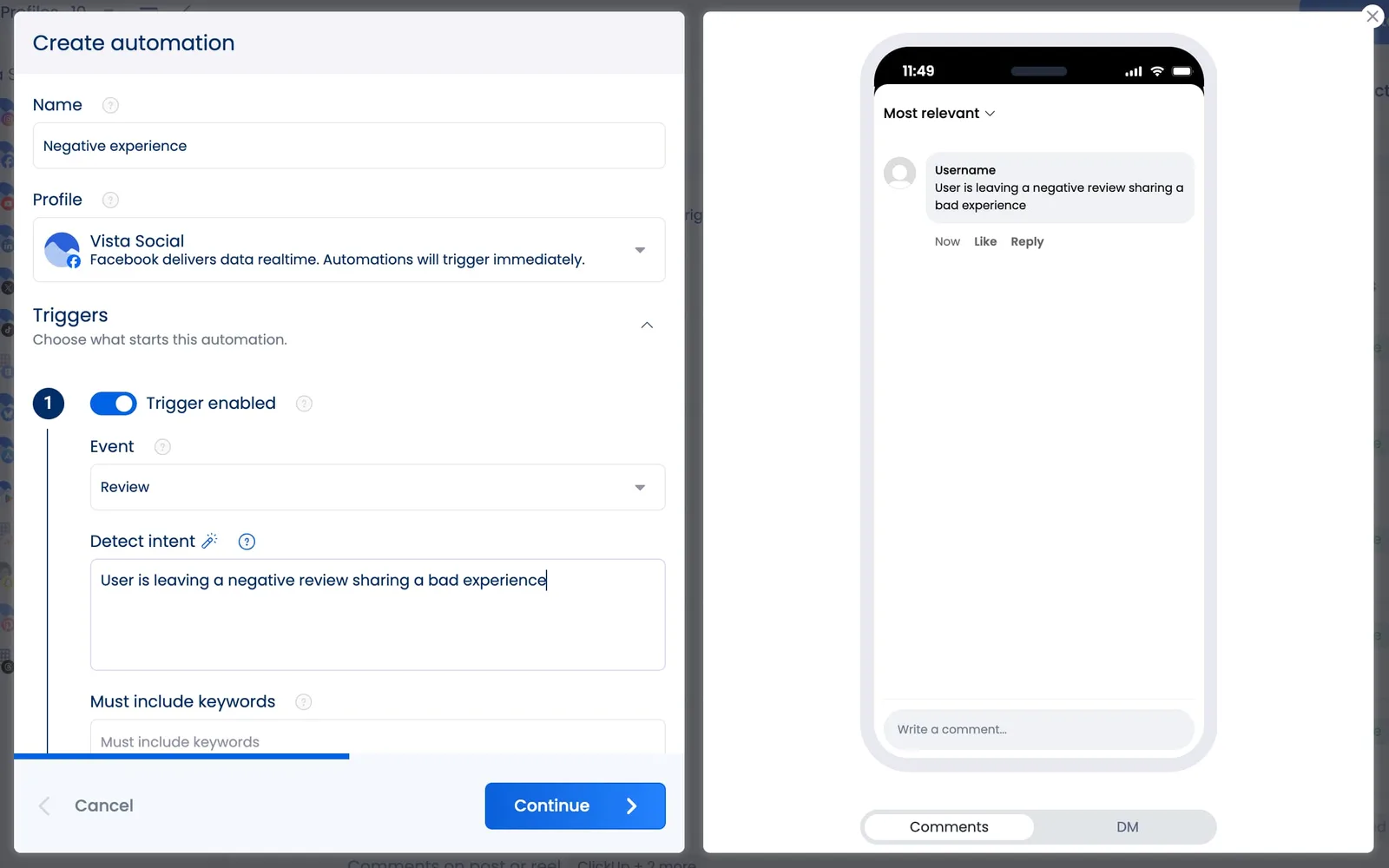 An automation in Vista Social that's set to trigger by a negative review left on Facebook.