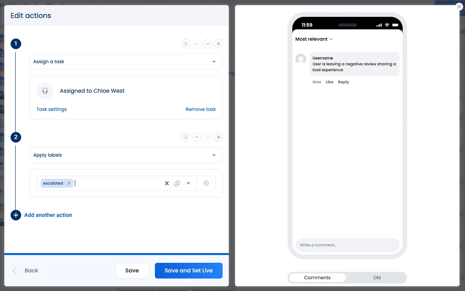 An automation that's set to trigger two actions in Vista Social: A task assignment to a team member and an "Escalated" label.