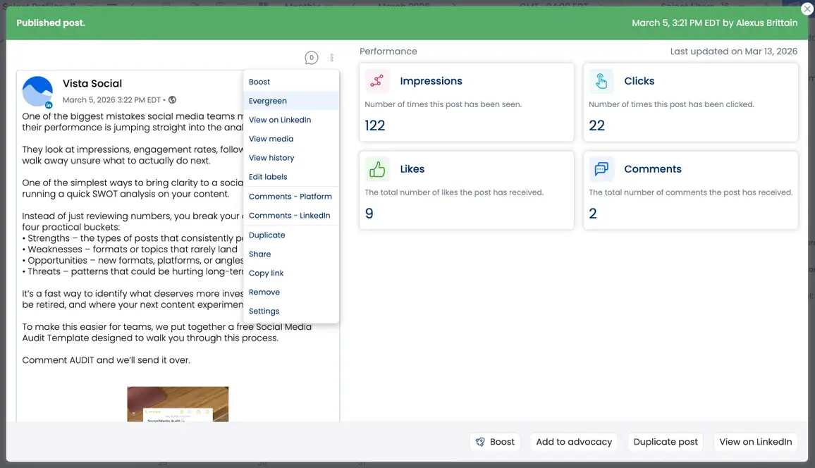 A post in the content calendar with its post settings menu open.