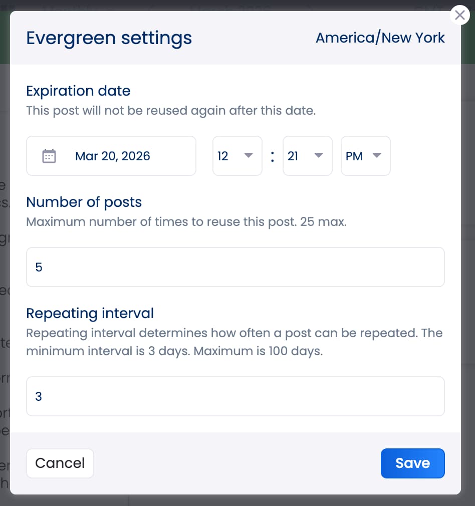 A post's evergreen settings so it can be automatically reshared.