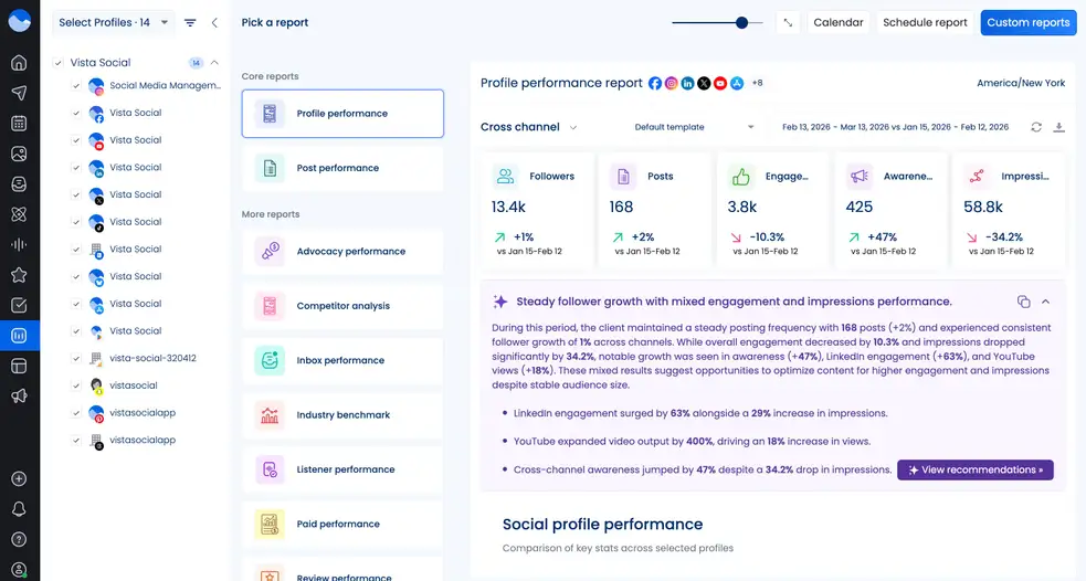 The Reports interface in Vista Social.