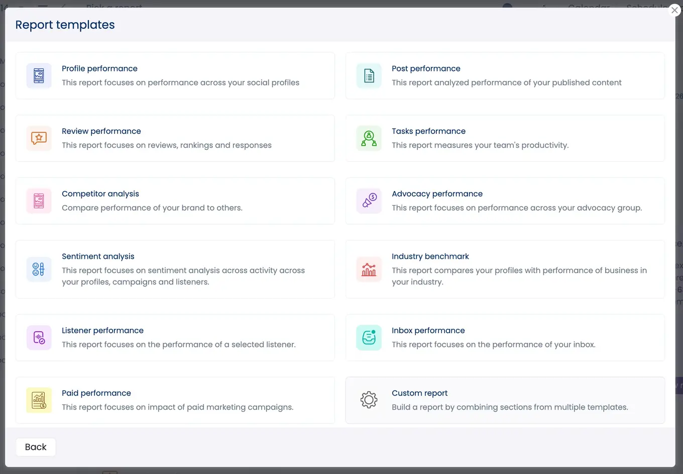 The available options for creating a custom report.
