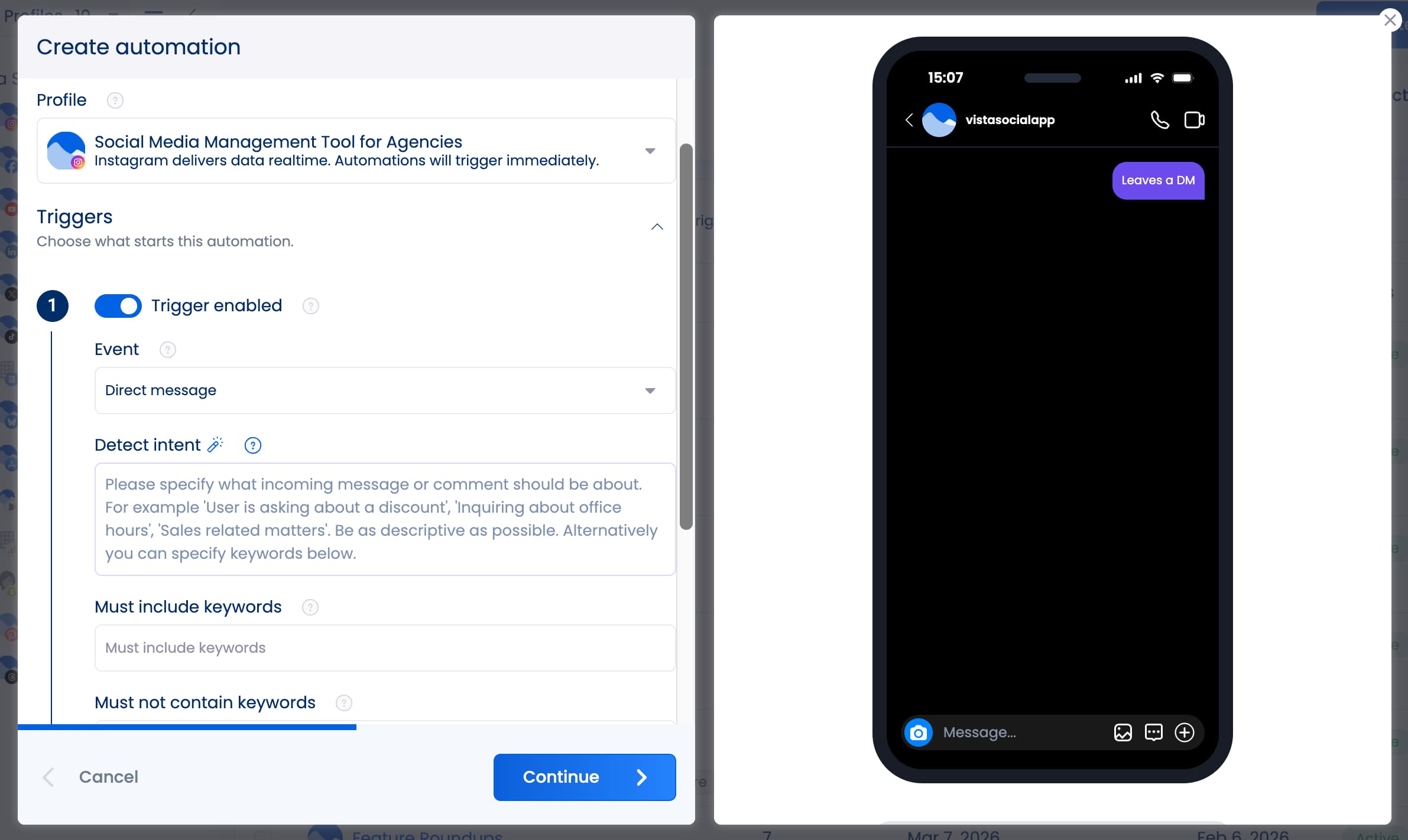 An automation in Vista Social using the trigger "Direct message."