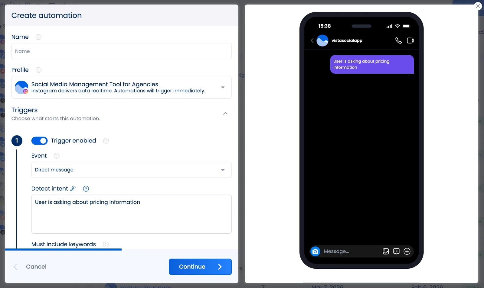 An automation in Vista Social using the detect intent with AI feature to find DMs where a user is asking about pricing info.
