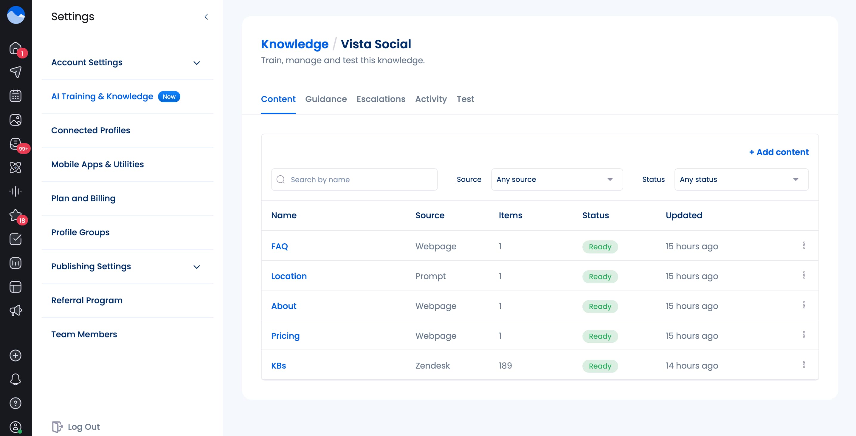 The AI Training & Knowledge interface in Vista Social's settings.