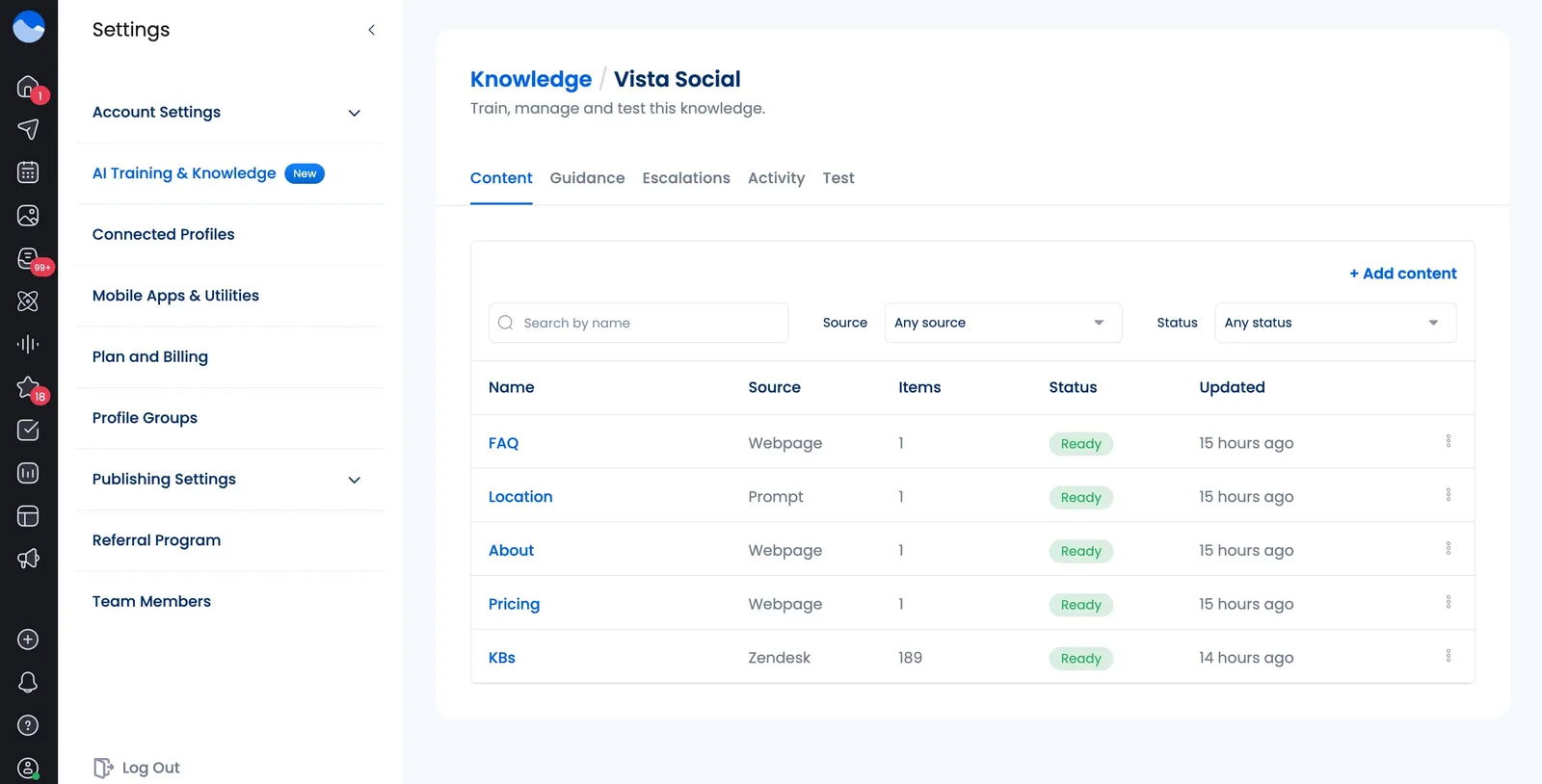 The AI Training & Knowledge interface in Vista Social's settings.