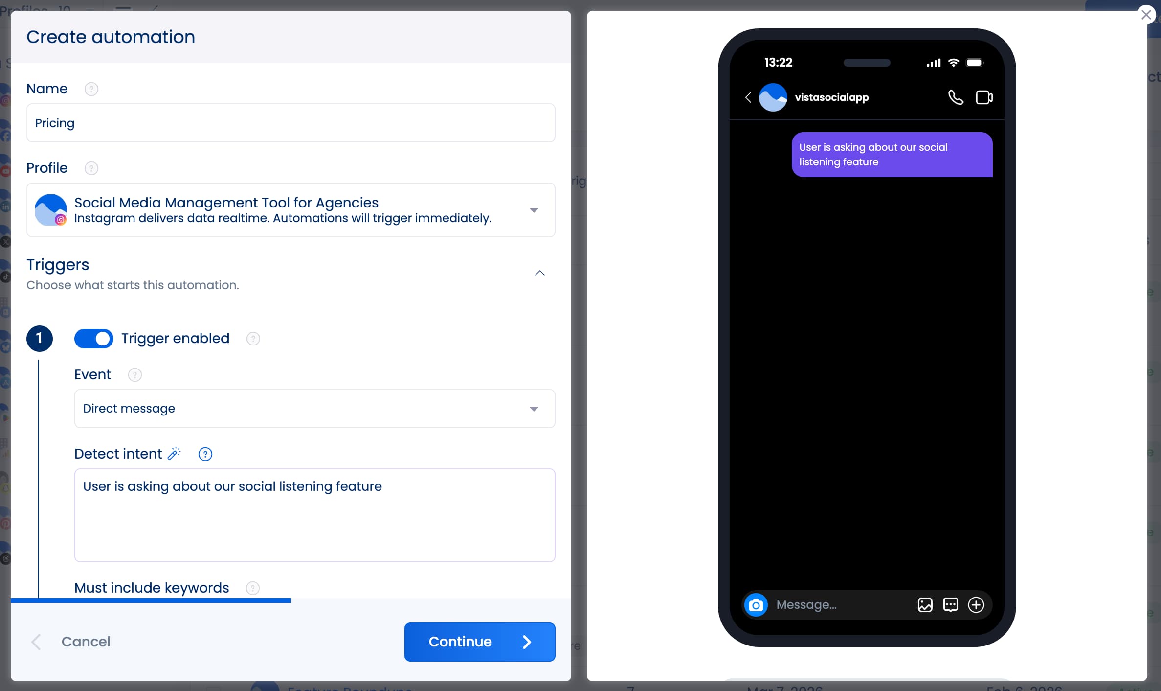 An automation in Vista Social using the detect intent with AI feature to find DMs where a user is asking about a specific feature.