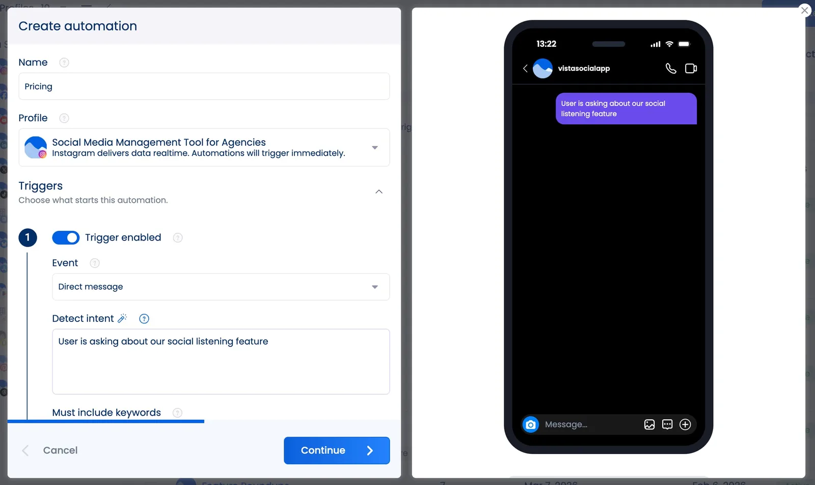 An automation in Vista Social using the detect intent with AI feature to find DMs where a user is asking about a specific feature.