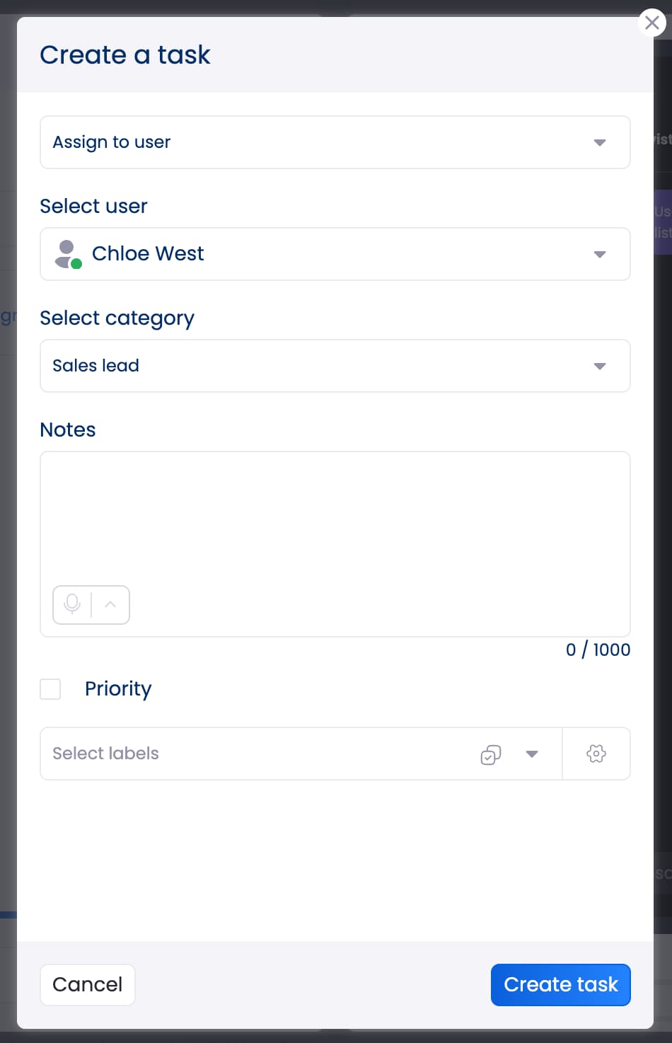 The pop-up in Vista Social where users can configure a task assignment as part of an inbox automation.