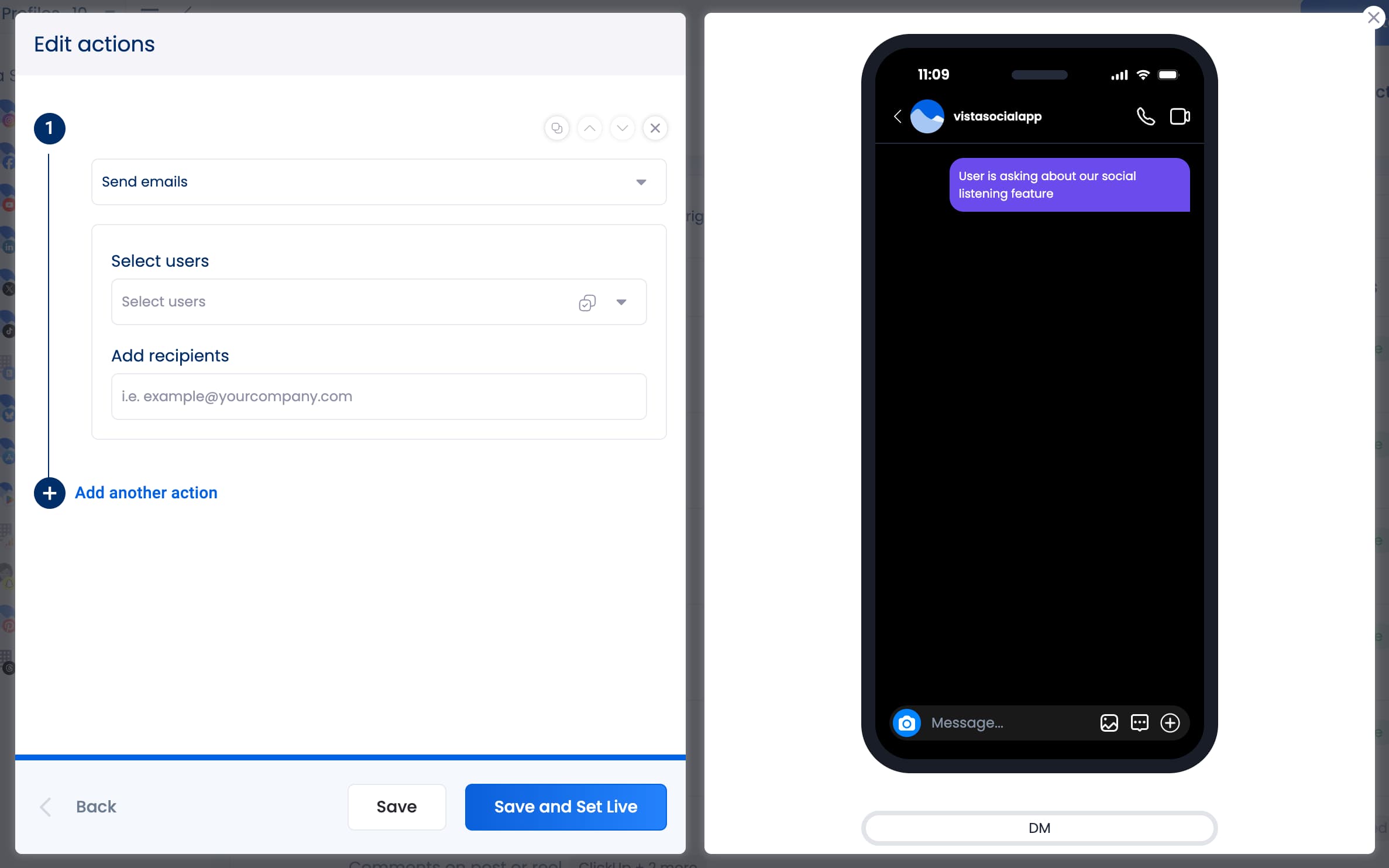 An action in a Vista Social automation where users can have a specific type of message send an email notification to team members.