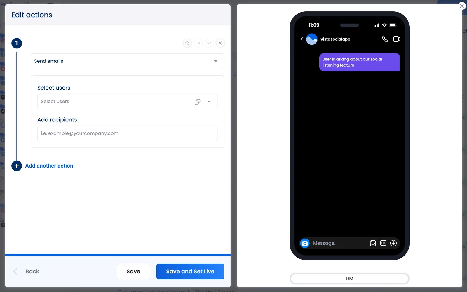 An action in a Vista Social automation where users can have a specific type of message send an email notification to team members.