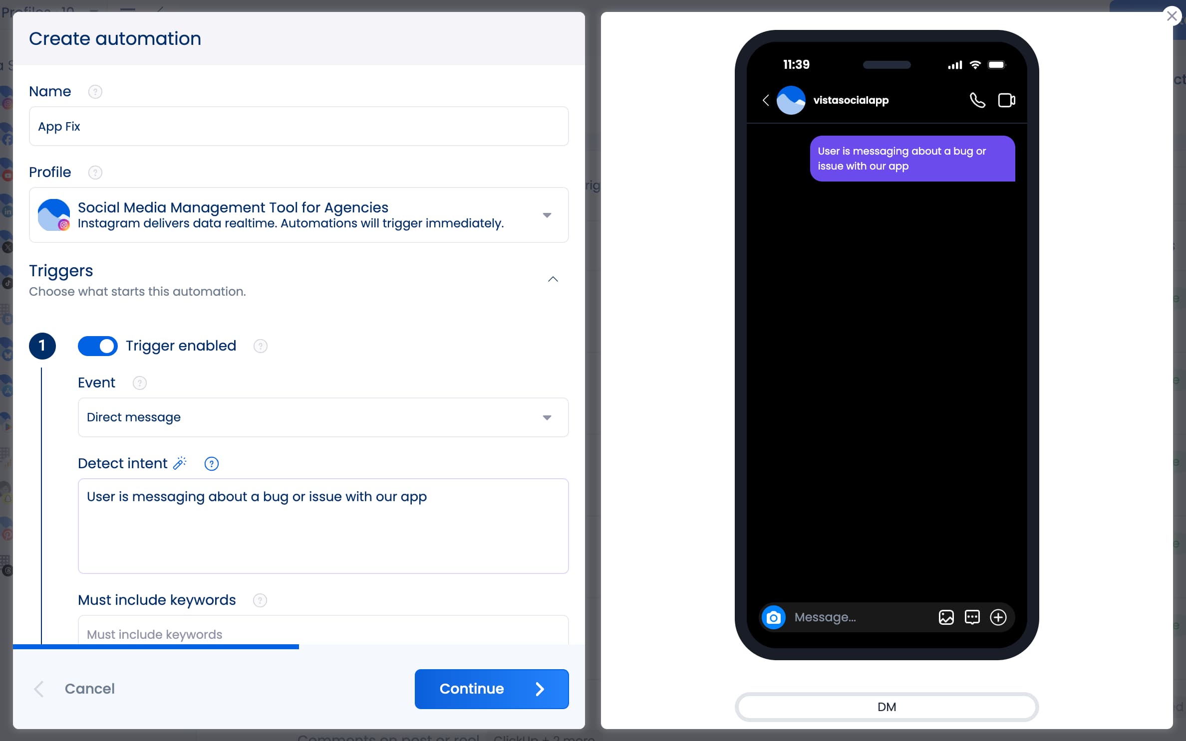 An automation in Vista Social using the detect intent with AI feature to find DMs where a user is reaching out about an app issue.