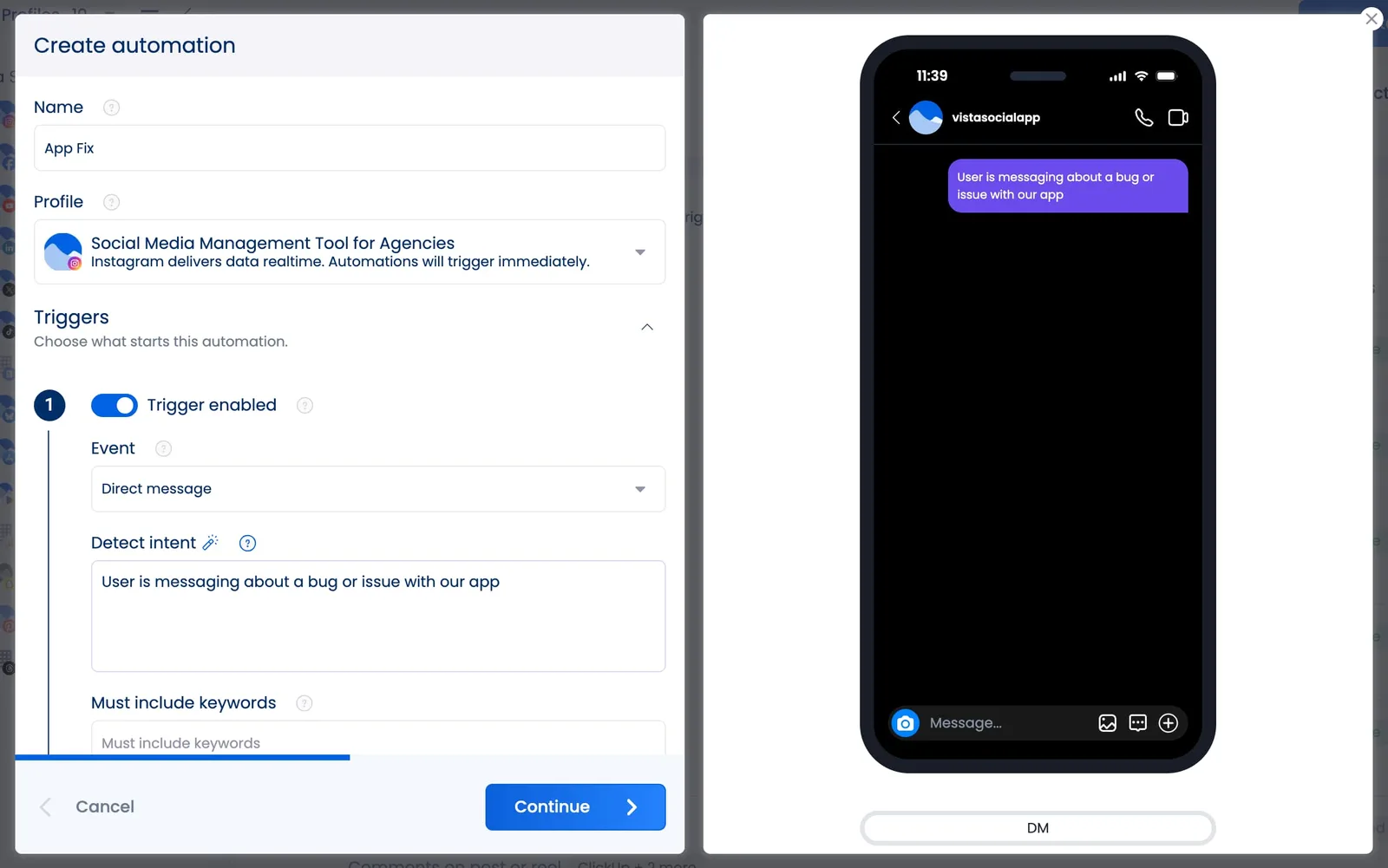 An automation in Vista Social using the detect intent with AI feature to find DMs where a user is reaching out about an app issue.