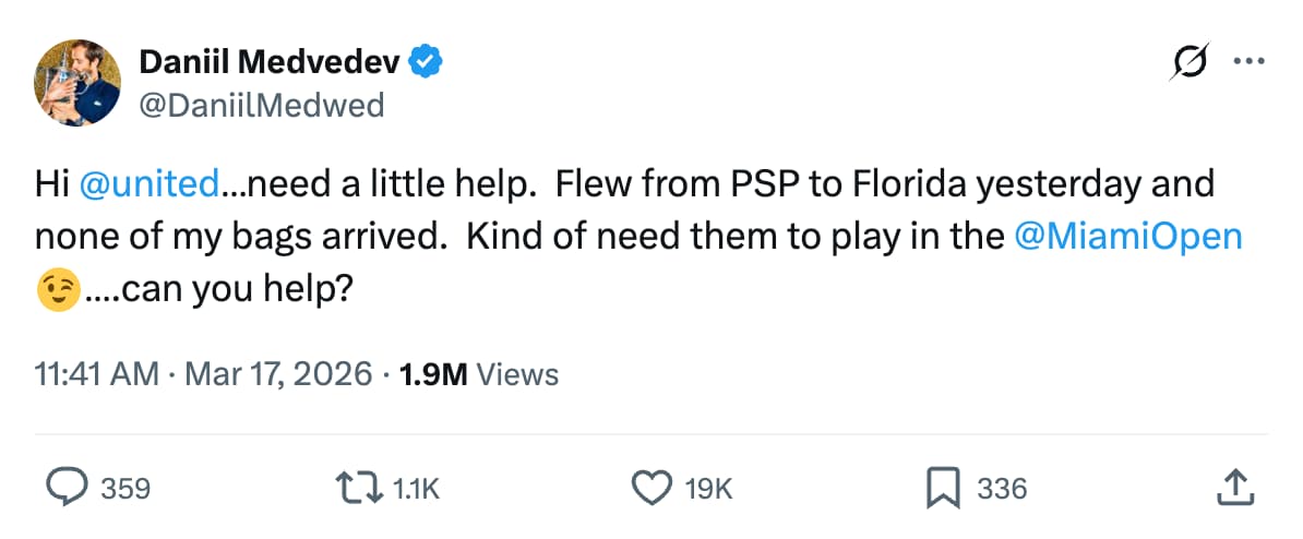 An X/Twitter post tagging United airlines due to lost luggage.