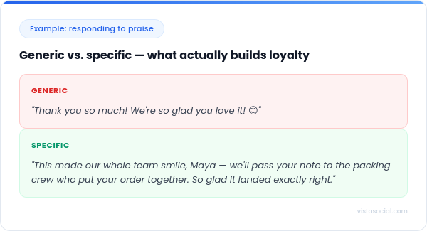 An infographic showcasing how to be specific in your customer service messages versus generic.