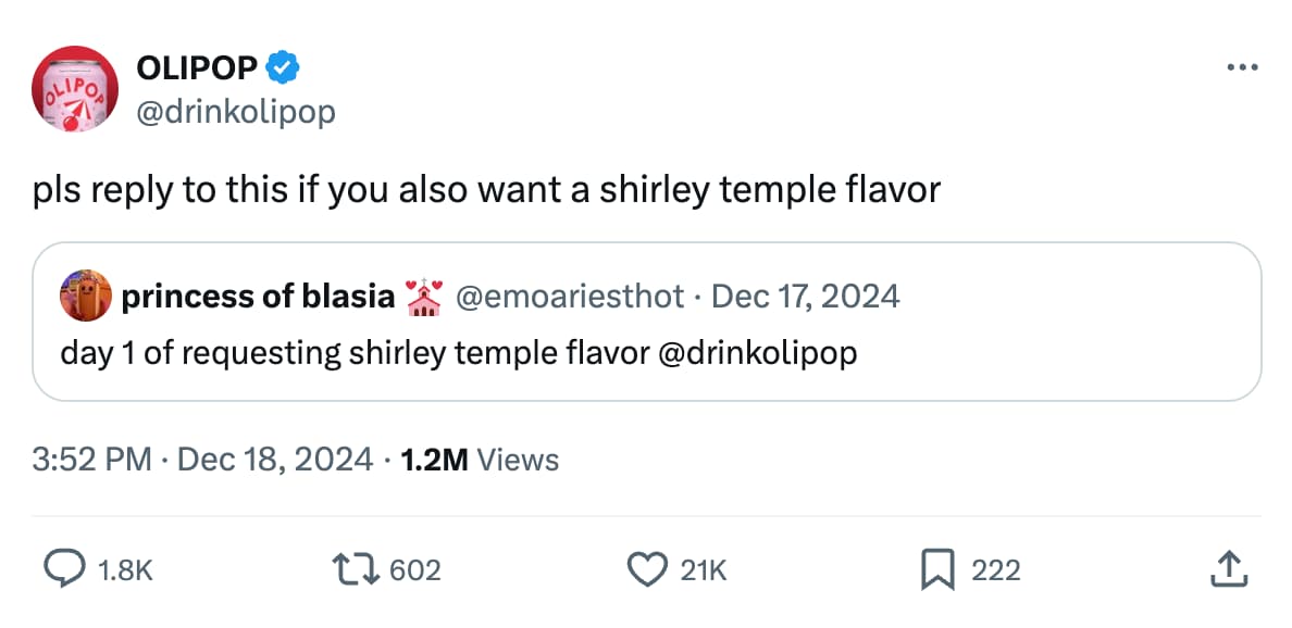 An X/Twitter post of brand OLIPOP quote tweeting a customer post about their product.