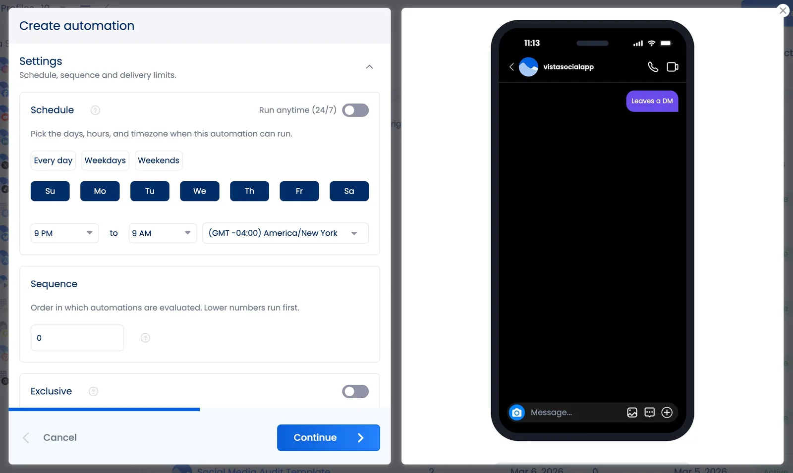 A DM automation with time-based settings open.