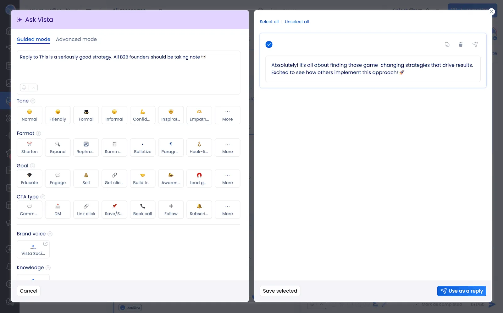 Using the AI assistant to reply to comments and messages in the Vista Social inbox.
