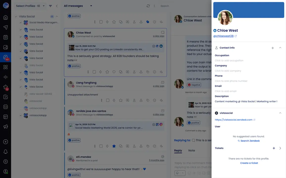 The Vista Social CRM/customer profile where users can add customer details.