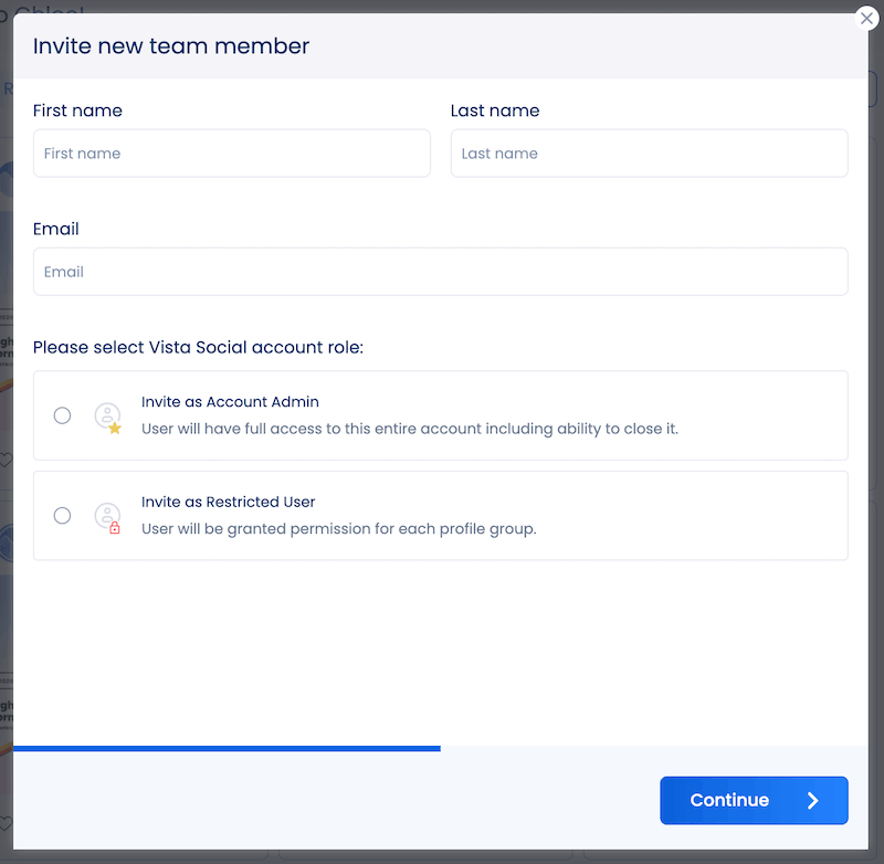 The menu for inviting new team members to your Vista Social account.
