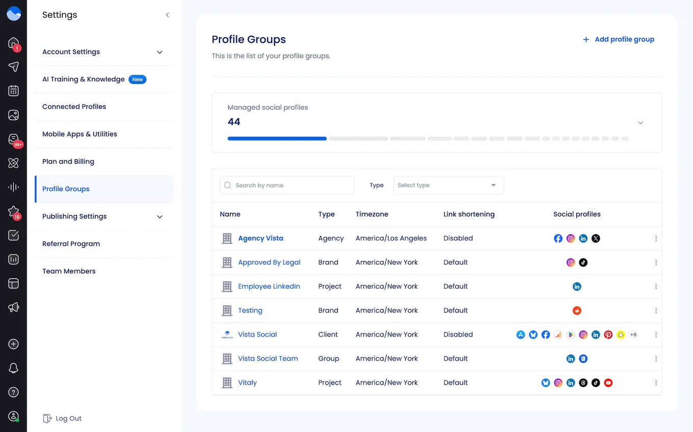 Profile group settings available in Vista Social.