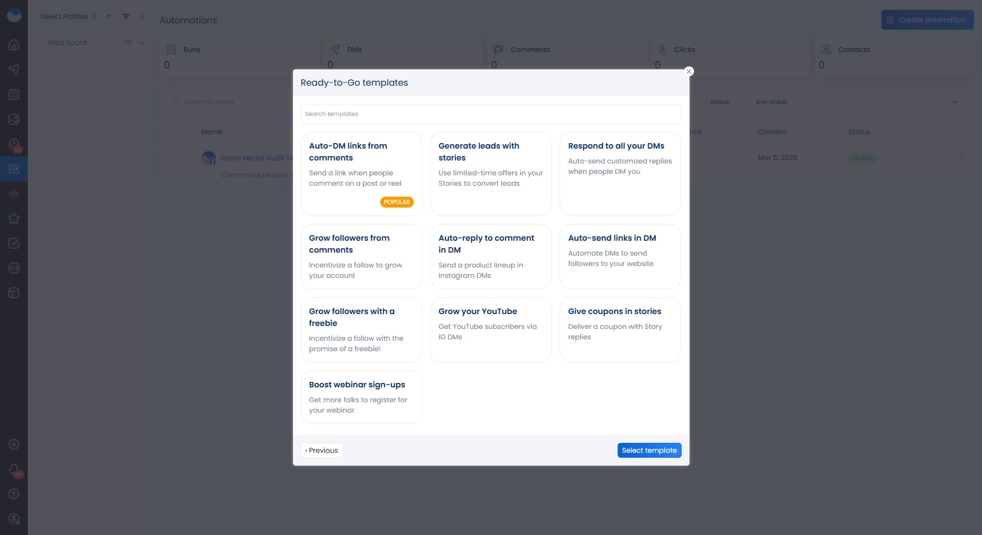 DM automation templates available inside Vista Social.