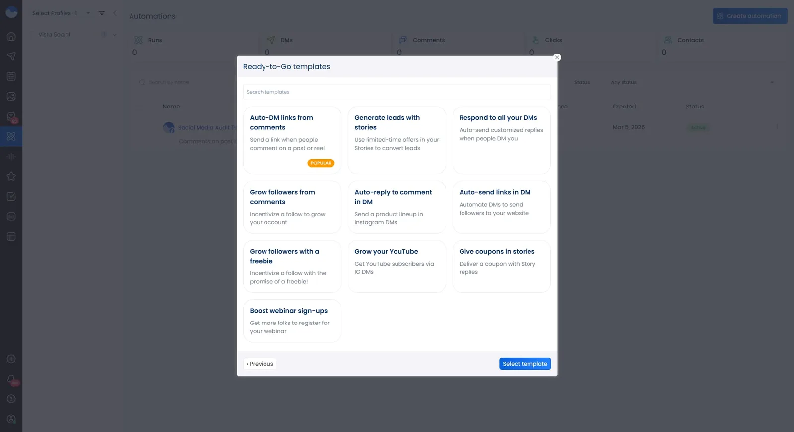 DM automation templates available inside Vista Social.