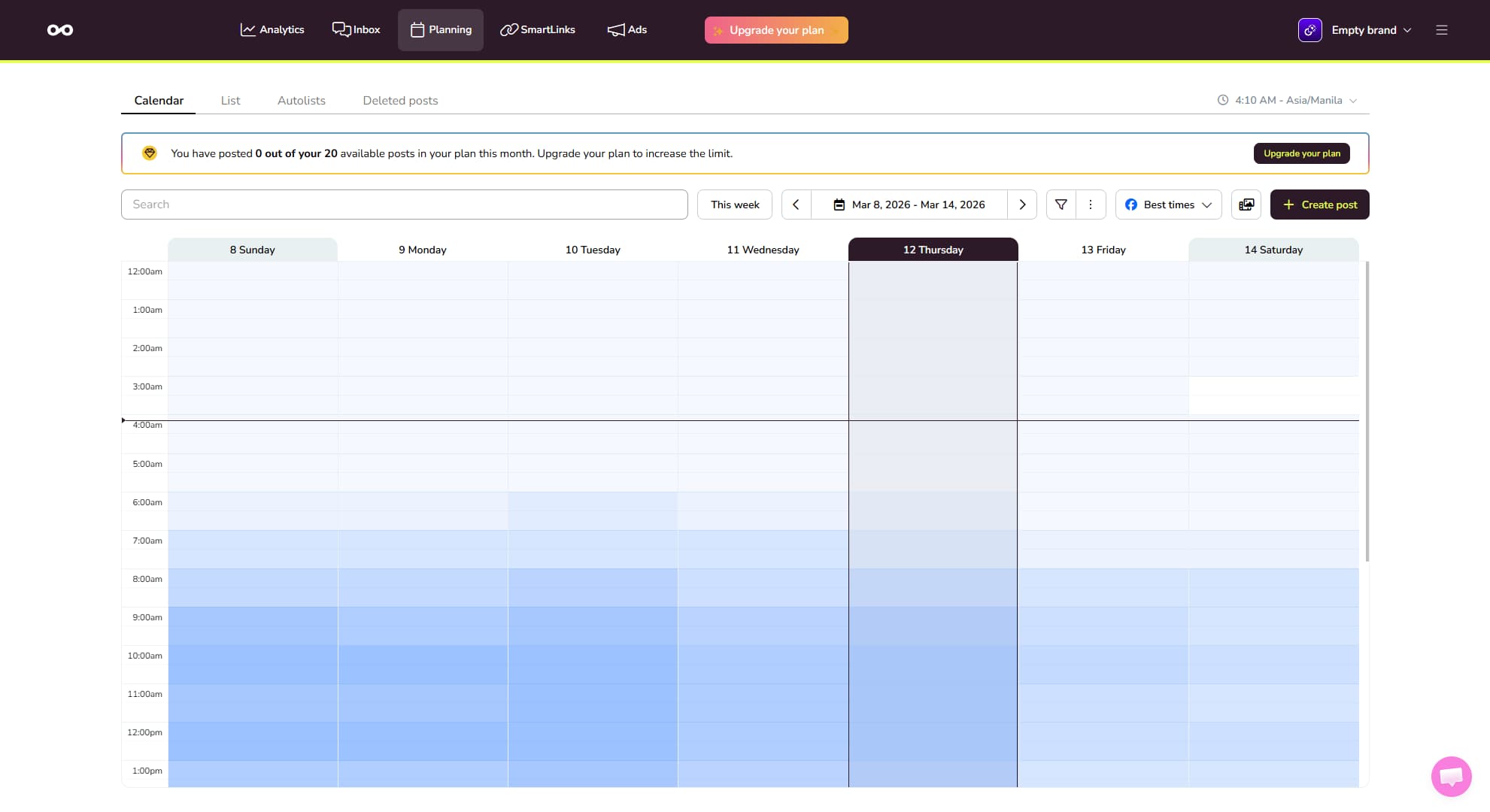 Metricool's weekly content calendar interface.