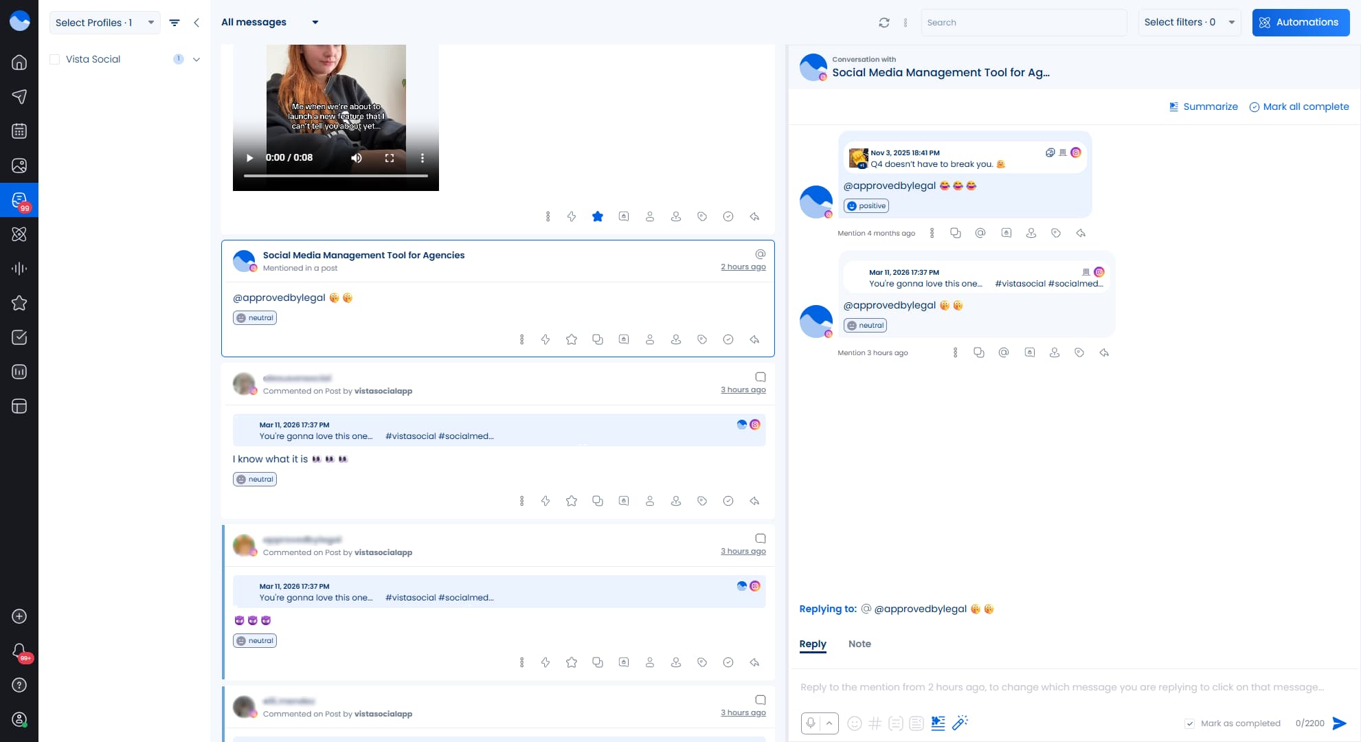 The Vista Social unified inbox interface.