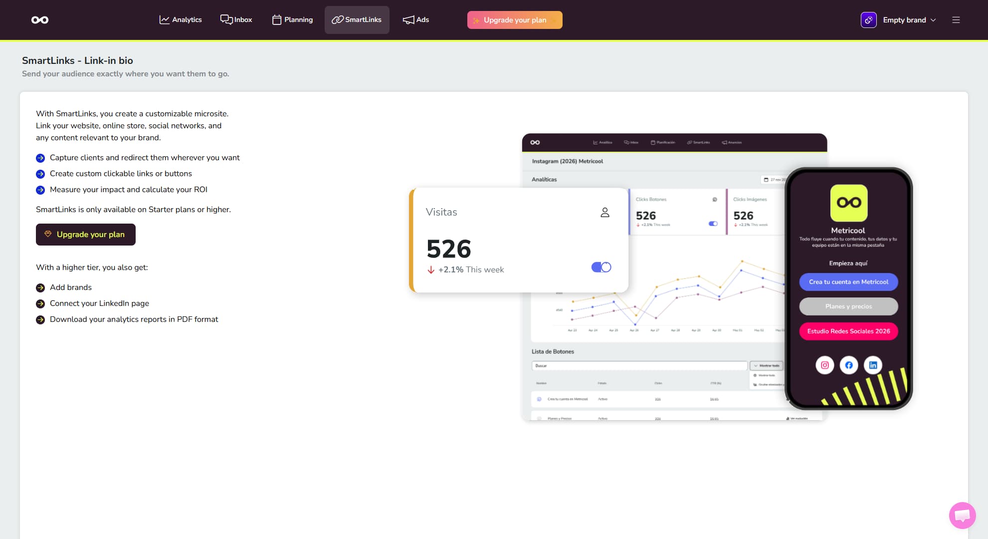 Metricool's link-in-bio interface.