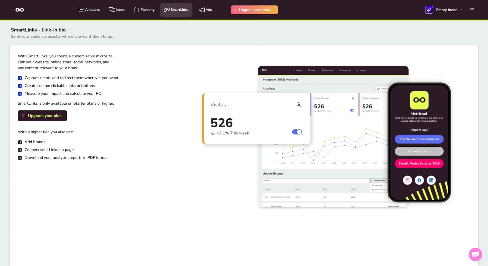 Metricool's link-in-bio interface.