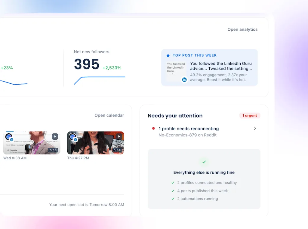 The home dashboard view in Vista Social displaying net new follower statistics, top post performance callouts, scheduled video content cards, and profile health statuses.