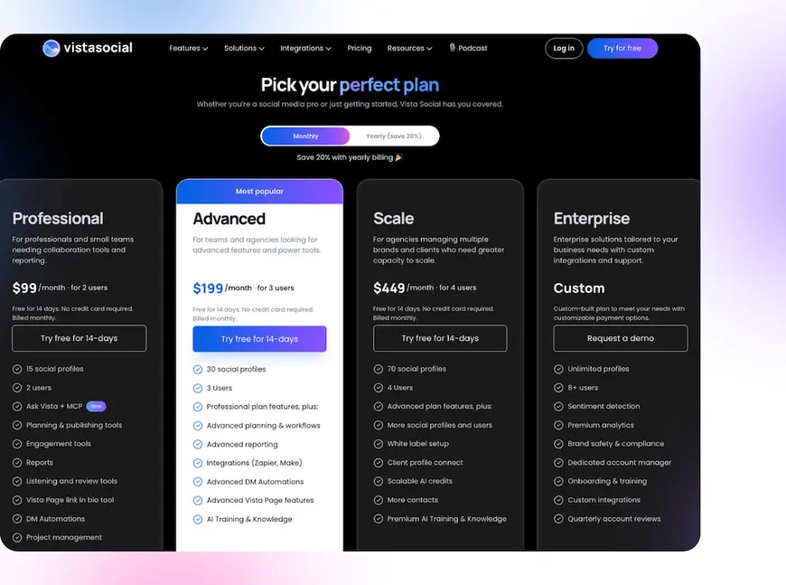The dark mode pricing table page for Vista Social displaying Professional, Advanced, Scale, and Enterprise plans.