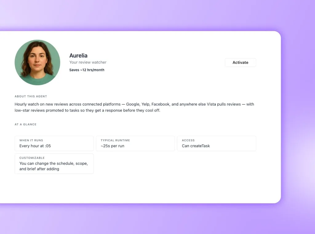The agent configuration profile overview screen for Aurelia, an AI review watcher agent designed to monitor online reviews and escalate low-star ratings into tasks.