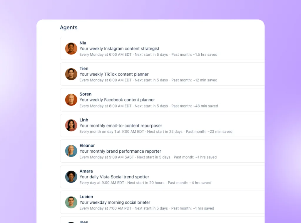 The AI Agents directory list in Vista Social displaying specialized automated agents for content planning, trend spotting, social briefing, and reporting.