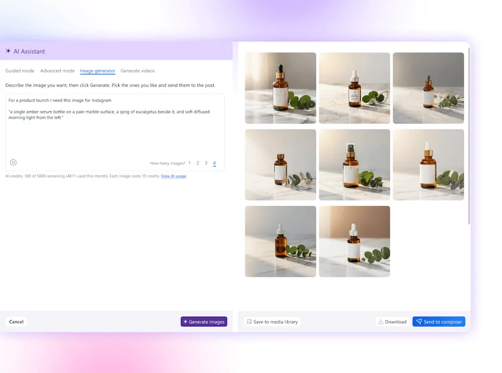 The AI Assistant image generator interface in Vista Social displaying generated product photography options ready to send to composer.