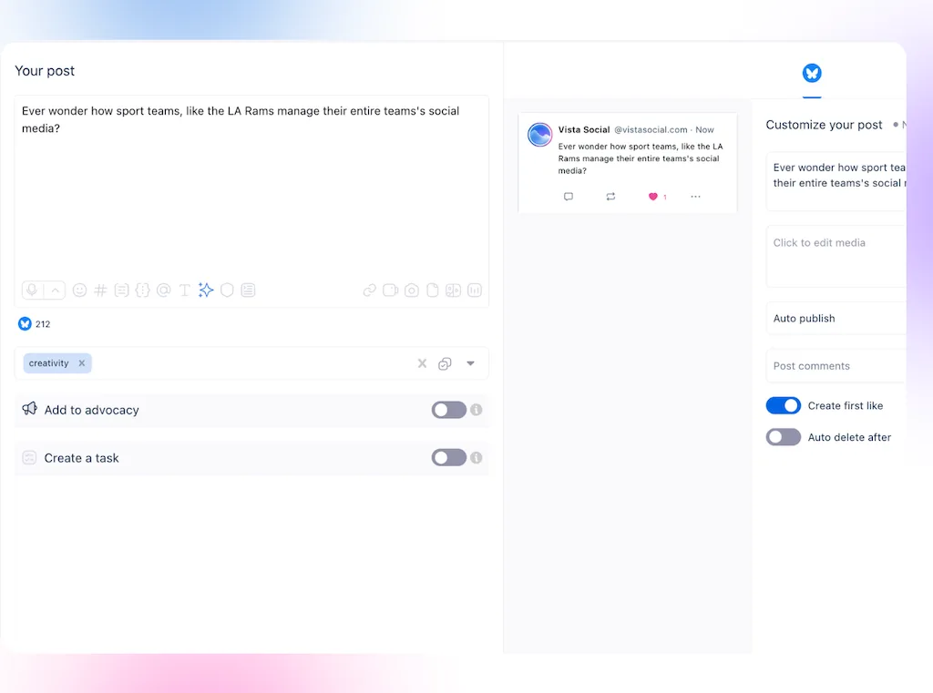 The post composer screen in Vista Social configured to publish content to Bluesky, featuring customization options like automatic first likes.