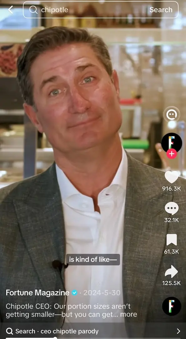 A parody of the Chipotle CEO talking about its portion sizes.