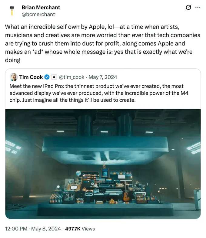 An X/Twitter post calling out an Apple ad for having bad taste towards creatives.