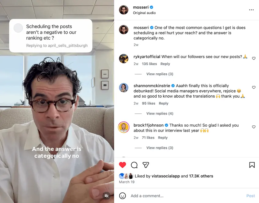 An Instagram video from Adam Mosseri talking about how scheduling posts does not hurt reach.