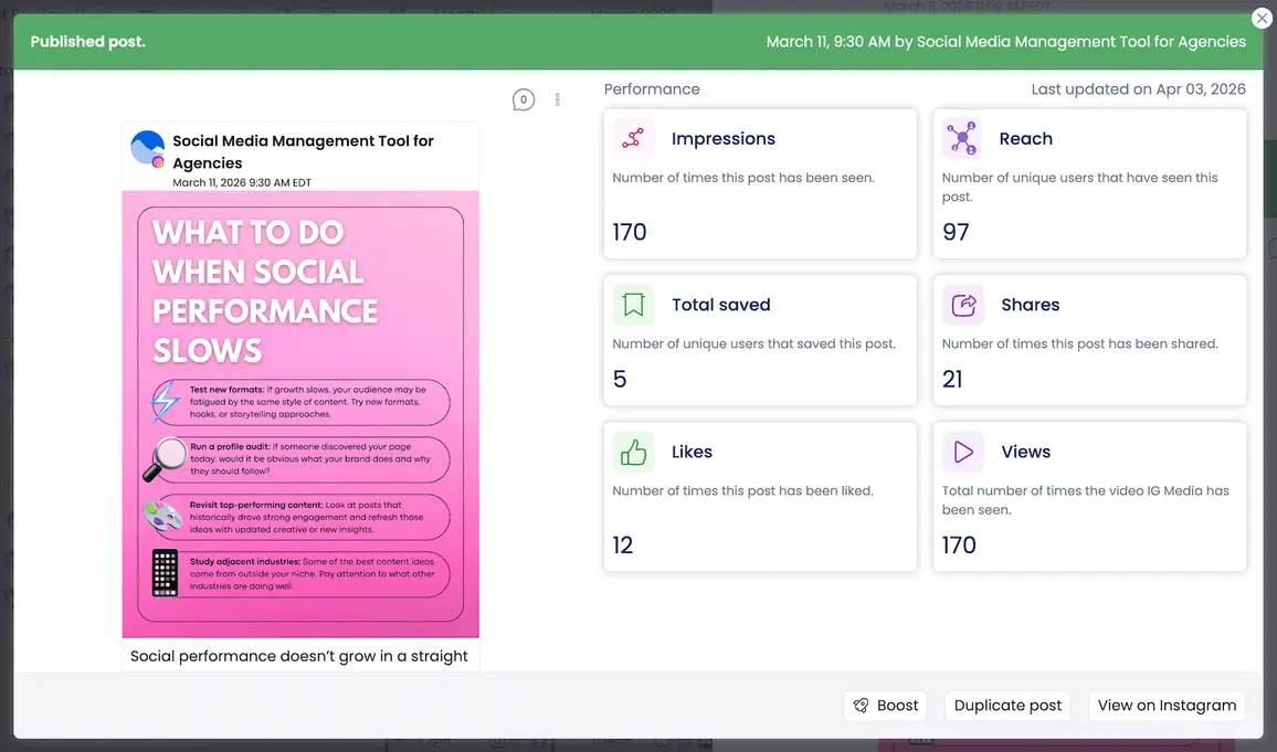 A screenshot of a Vista Social Instagram and its performance after being published natively to Instagram.