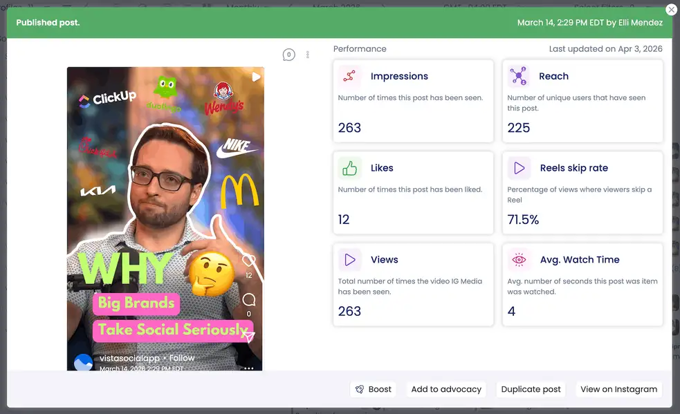 A screenshot of a Vista Social Instagram and its performance after being scheduled inside Vista Social.