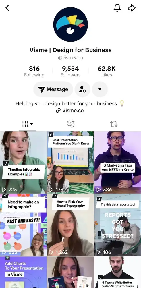Visme's TikTok profile with an optimized profile.