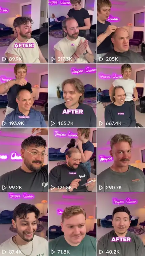 A screenshot of Toupee Queen's TikTok profile filled with before and after video series.