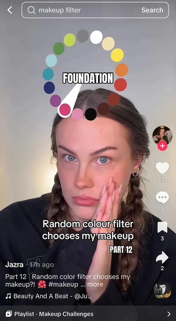 A screenshot of a TikTok video of a makeup challenge from an influencer.