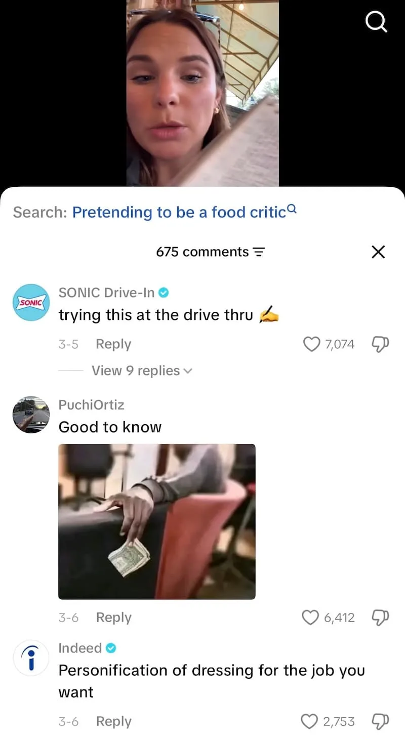 A screenshot of brands commenting on a creator's TikTok video.